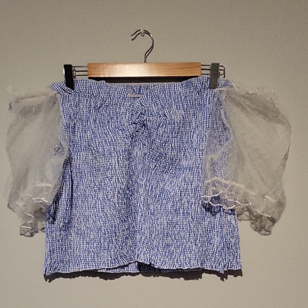 SHEIN Blue and White Blouse with Sheer Sleeves